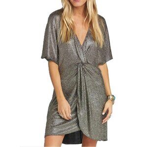 NWT Show Me Your Mumu Get Twisted Silver Metallic 70s Boho Mini Dress